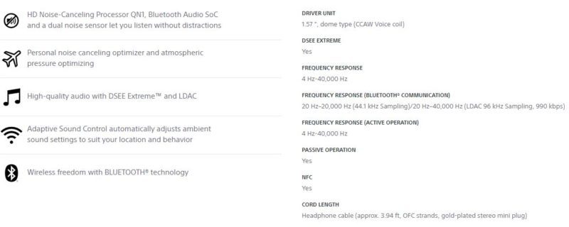 Sony WH-1000XM4 Specifications